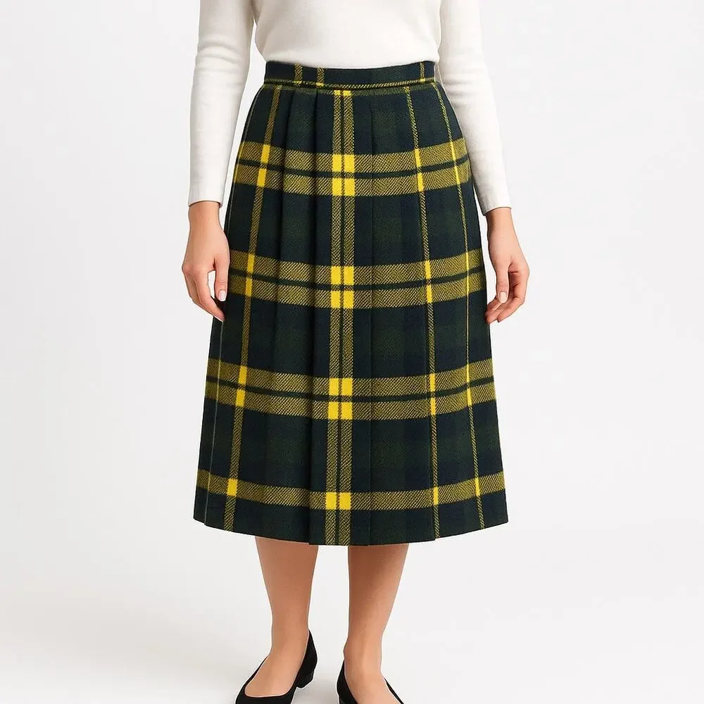 1970s Personal Plaid Wool Pleated Midi Skirt Size 12 w/ Pockets  medium